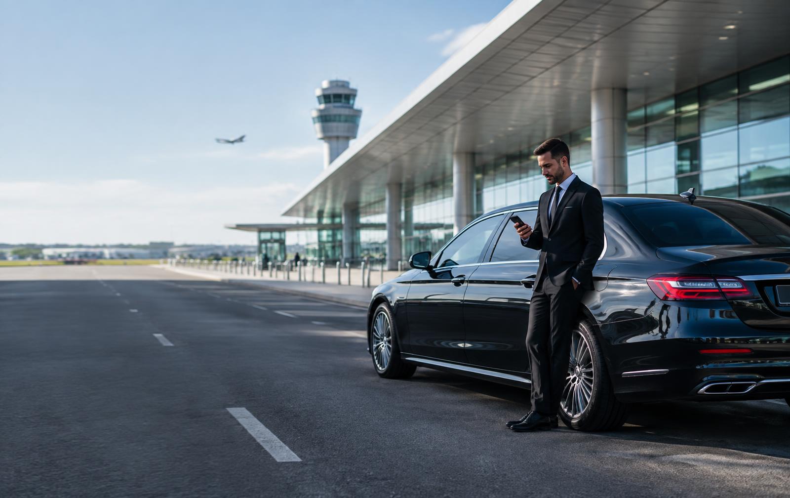 Executive chauffeur beside a premium sedan at an airport