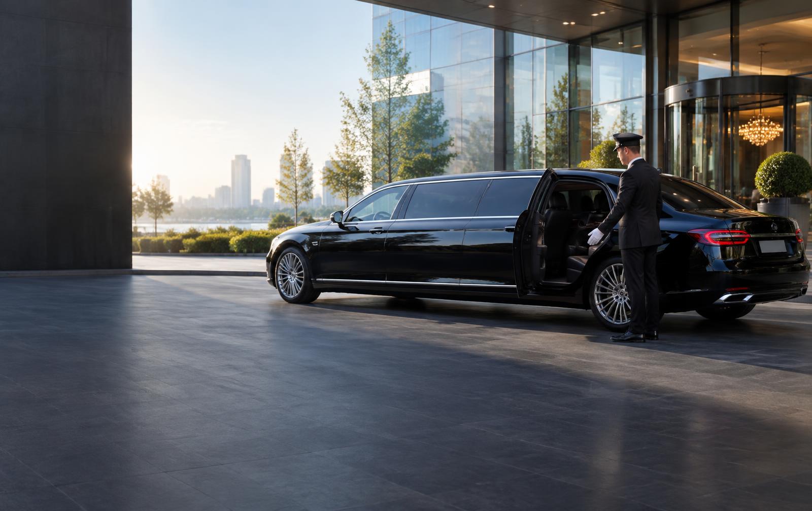 Professional limousine service outside a modern hotel